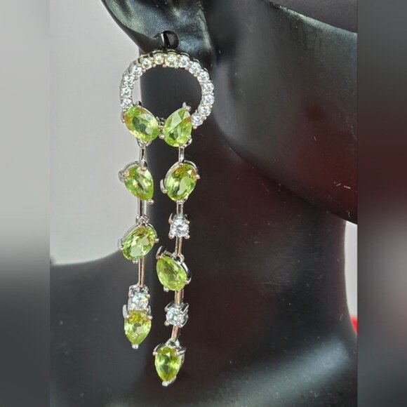 925 Sterling Silver Earrings 5cm with Natural Peridot Gem & CZ - Picture 5 of 8